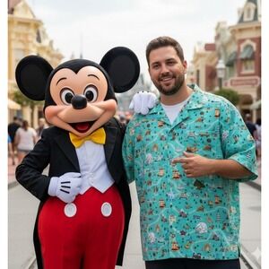 Disney Parks Life Exclusive Woven Button Down Camp Shirt Attractions Mens Sz XXL